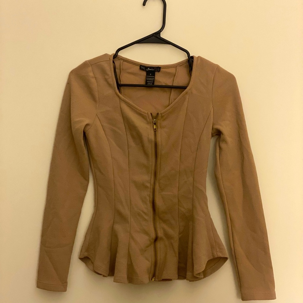 Nude Peplum Zipper Top